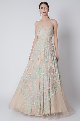 Ivory Floral Sequins Embroidered Gown by Riddhi Majithia
