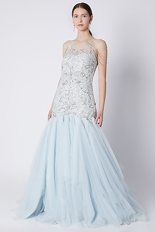 Sky Blue Embroidered Gown by Riddhi Majithia