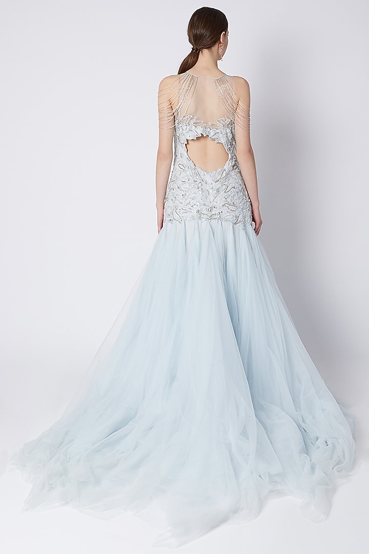 Sky Blue Embroidered Wedding Gown by Riddhi Majithia at Pernia's Pop Up Shop