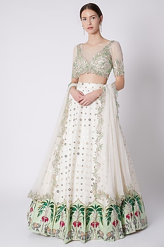 White Badla Embroidered Lehenga Set by Riddhi Majithia