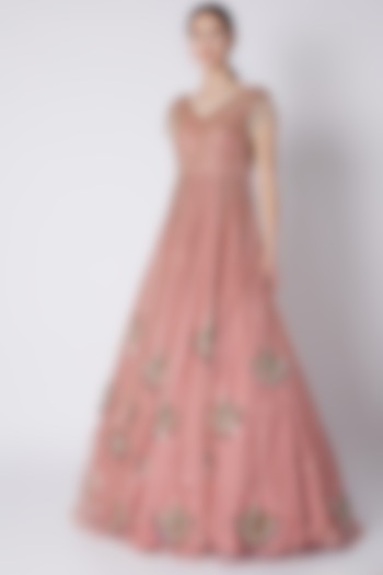 Blush Pink Bead & Pearl Embroidered Gown by Riddhi Majithia