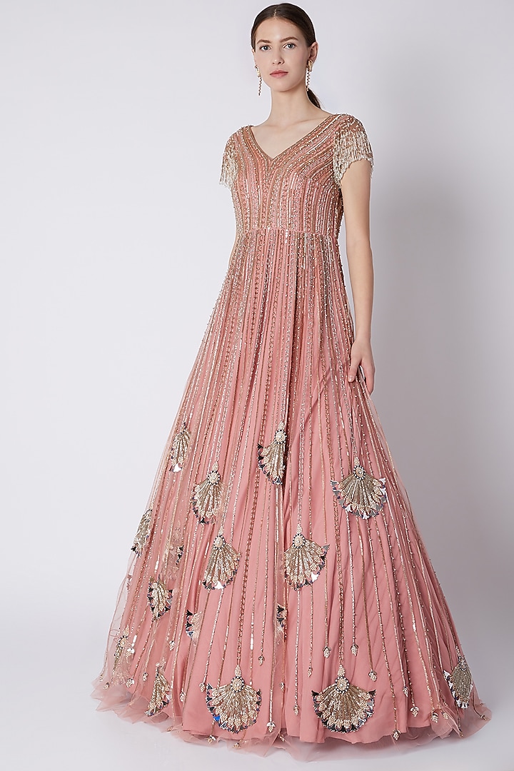 Blush Pink Bead & Pearl Embroidered Gown by Riddhi Majithia