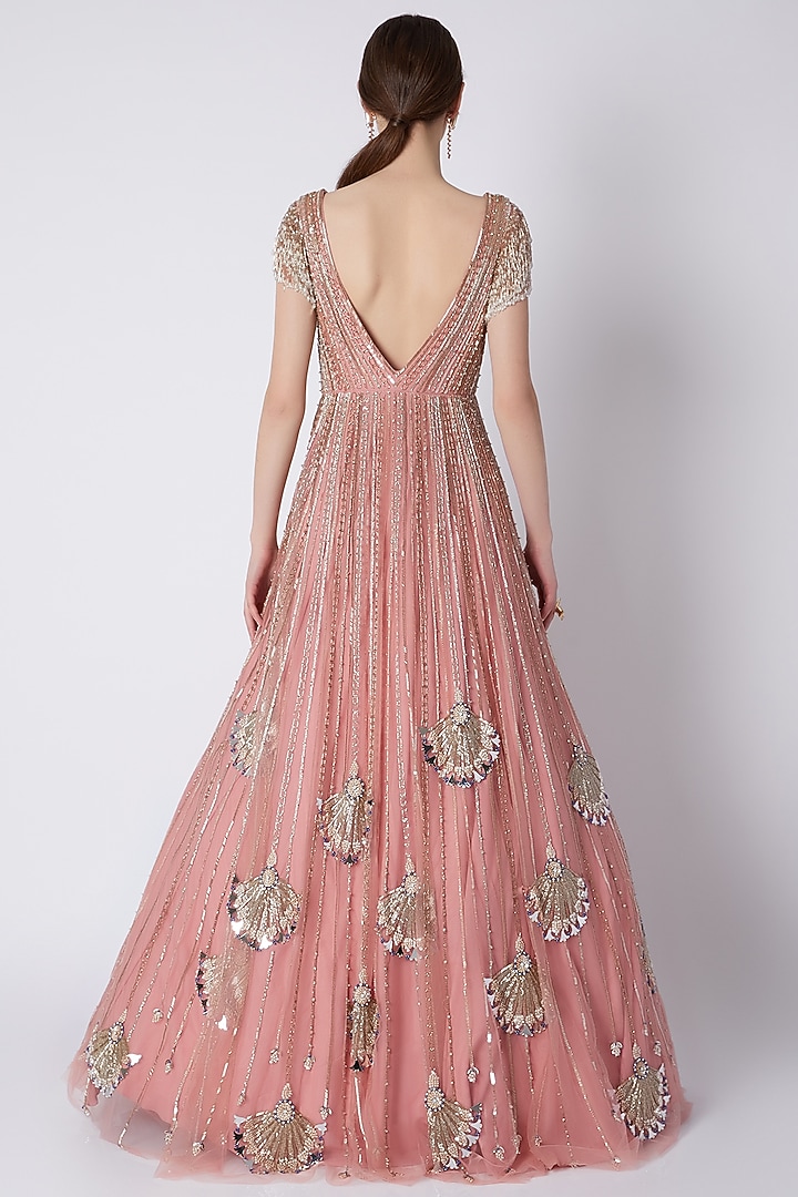 Blush Pink Bead & Pearl Embroidered Bridal Gown by Riddhi Majithia at Pernia's Pop Up Shop