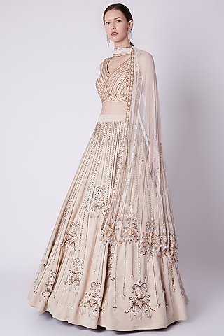 Ivory Beads Embroidered Lehenga Set by Riddhi Majithia