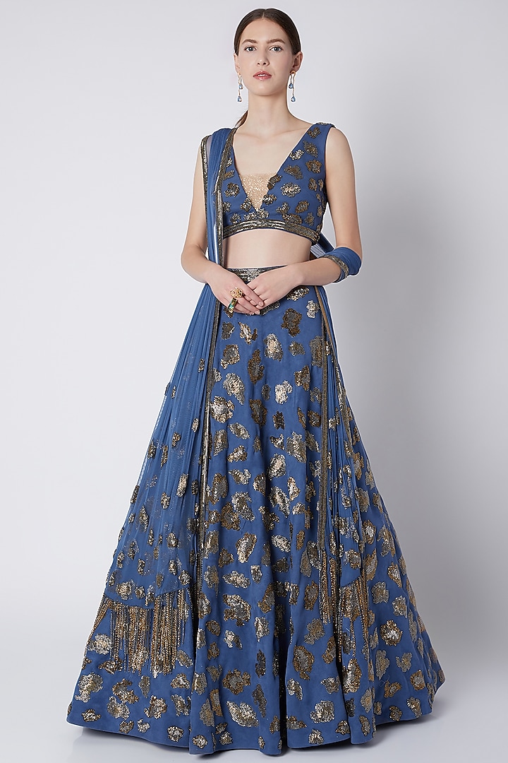 Cobalt Blue Salli Bead Embroidered Lehenga Set by Riddhi Majithia