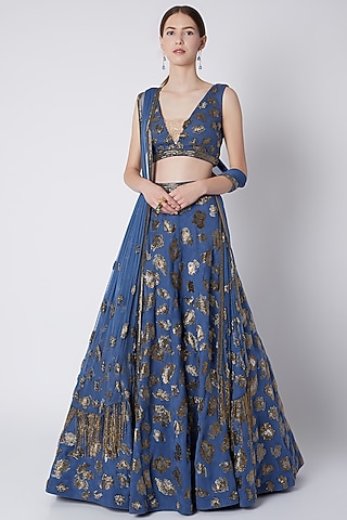 Cobalt Blue Salli Bead Embroidered Lehenga Set by Riddhi Majithia
