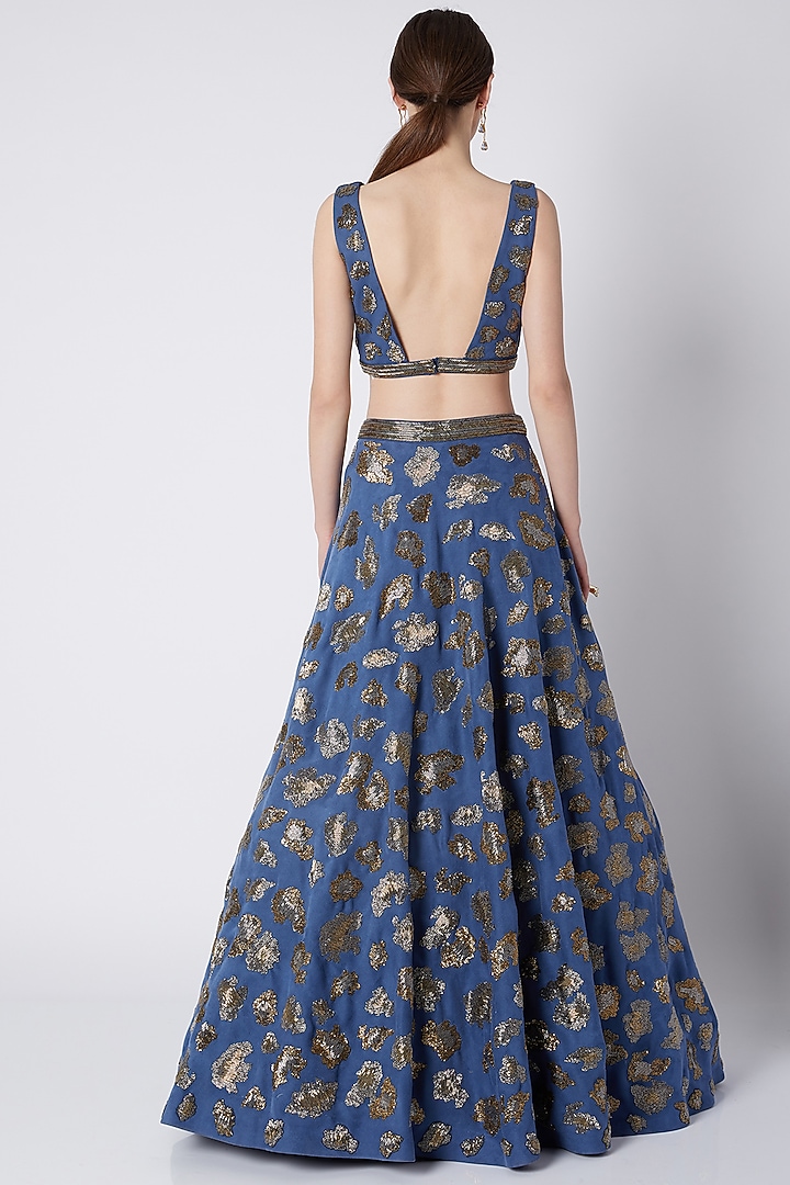 Cobalt Blue Salli Bead Embroidered Bridal Lehenga Set by Riddhi Majithia at Pernia's Pop Up Shop
