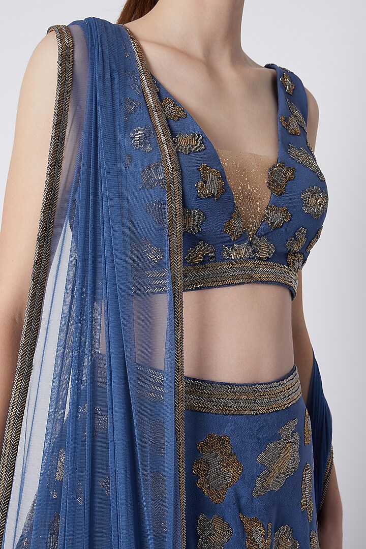Cobalt Blue Salli Bead Embroidered Bridal Lehenga Set by Riddhi Majithia at Pernia's Pop Up Shop