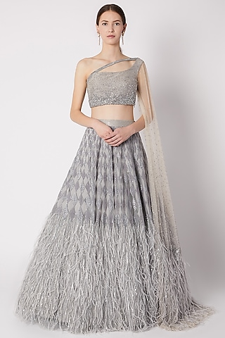 Grey Sequins Embroidered Lehenga Set by Riddhi Majithia