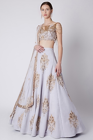 Lilac Bead Embroidered Lehenga Set by Riddhi Majithia