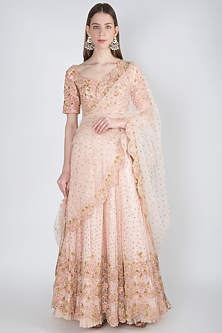 Peach Embroidered Lehenga Set by RRishita & Mitali