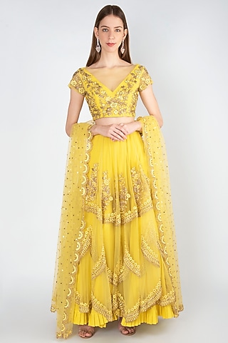 Lime Yellow Embroidered Lehenga Set by RRishita & Mitali