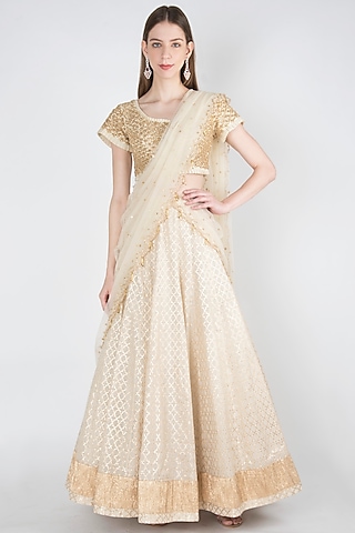 Ivory Printed & Embroidered Lehenga Set by RRishita & Mitali
