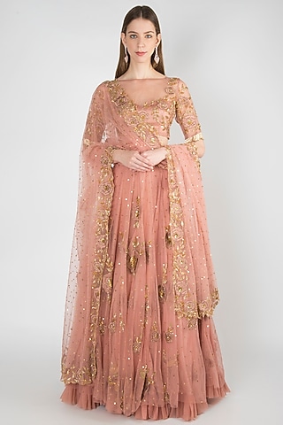 Rose Pink Embroidered Lehenga Set by RRishita & Mitali