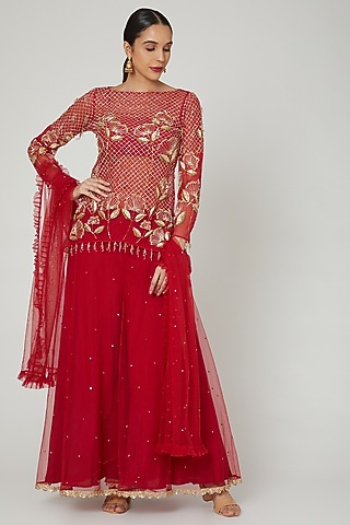 Red Embroidered Sharara Set by RRishita & Mitali