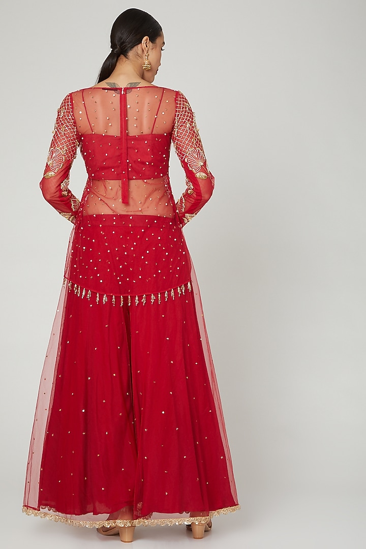 Red Embroidered Wedding Sharara Set by RRishita & Mitali at Pernia's Pop Up Shop
