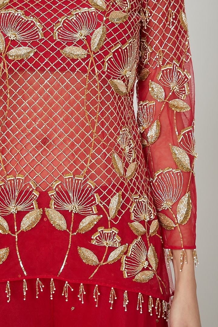 Red Embroidered Wedding Sharara Set by RRishita & Mitali at Pernia's Pop Up Shop