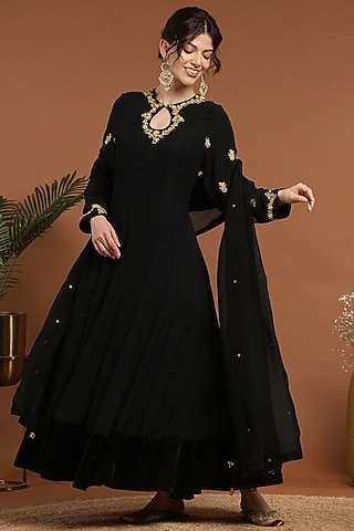 Black Georgette & Organza Embroidered Anarkali With Dupatta by Rirasa