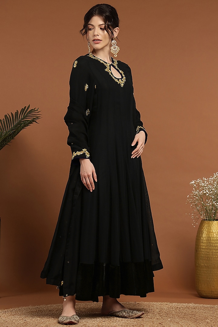 gold prom dress looks Women's Black Embroidery & Moti Work Kurta Palazzo Set With Dupatta Black / XXS main image 1