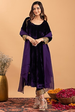 Purple Velvet Hand Embroidered Kalidar Anarkali Set by Rirasa