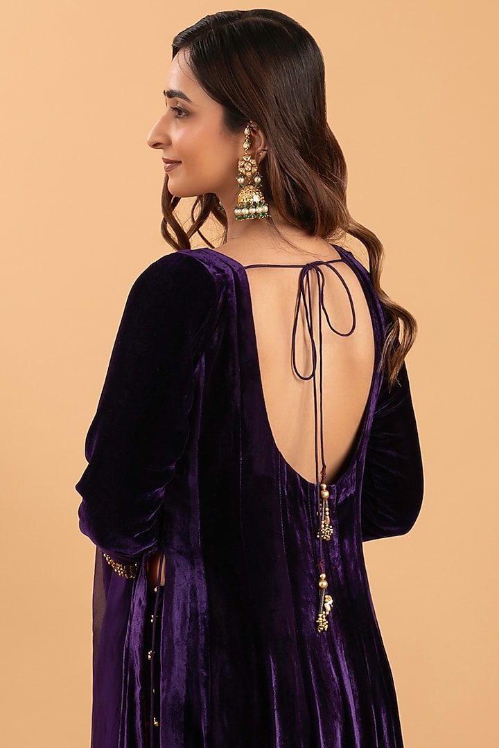 Purple Velvet Hand Embroidered Kalidar Party Wear Anarkali Set by Rirasa at Pernia's Pop Up Shop