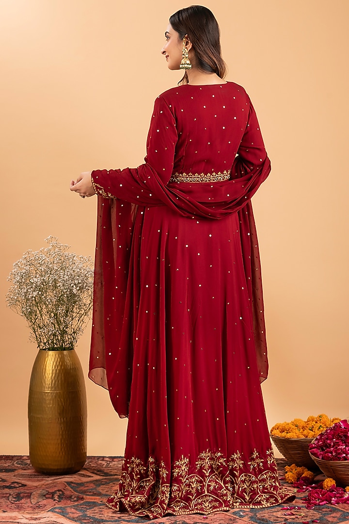 Red Georgette Hand & Machine Embroidered Wedding Anarkali Set by Rirasa at Pernia's Pop Up Shop