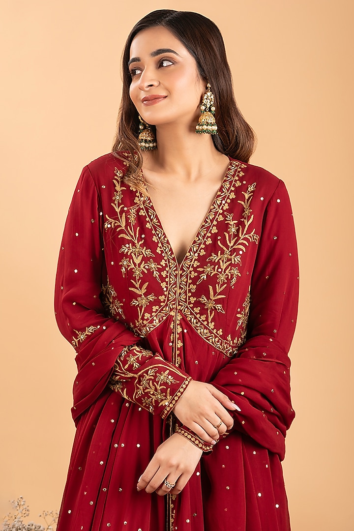 Red Georgette Hand & Machine Embroidered Wedding Anarkali Set by Rirasa at Pernia's Pop Up Shop