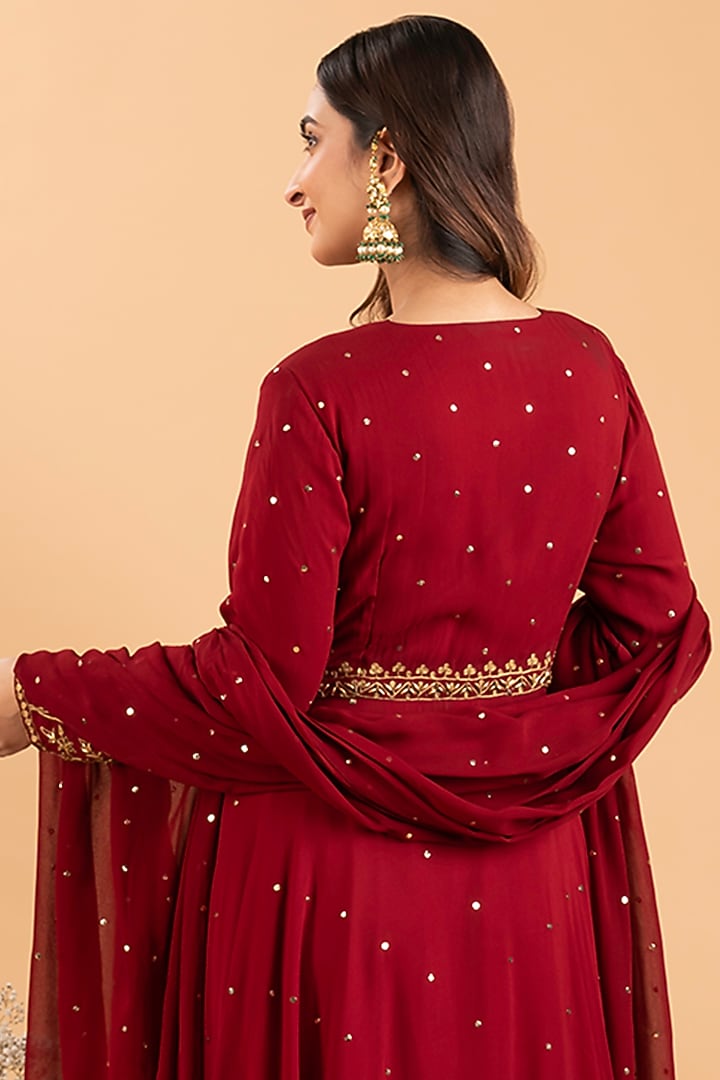Red Georgette Hand & Machine Embroidered Wedding Anarkali Set by Rirasa at Pernia's Pop Up Shop
