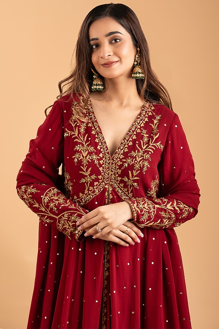 Red Georgette Hand & Machine Embroidered Wedding Anarkali Set by Rirasa at Pernia's Pop Up Shop