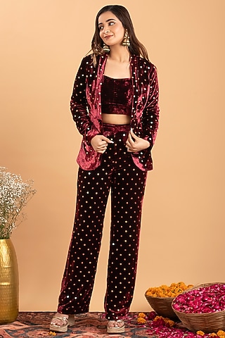 Maroon Silk Velvet Hand Embroidered Jacket Set by Rirasa
