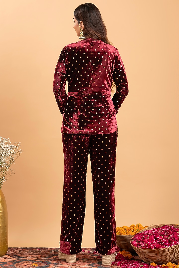 Maroon Silk Velvet Hand Embroidered Jacket Set by Rirasa at Pernia's Pop Up Shop