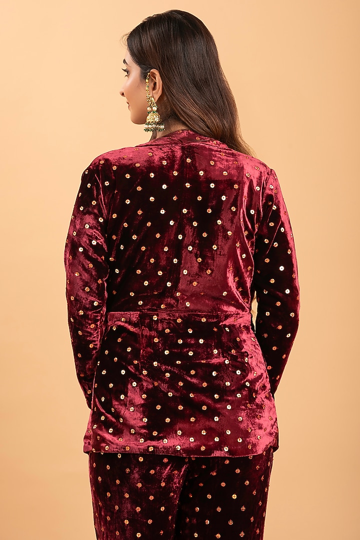 Maroon Silk Velvet Hand Embroidered Jacket Set by Rirasa at Pernia's Pop Up Shop