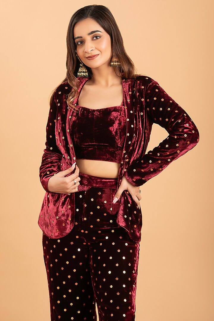 Maroon Silk Velvet Hand Embroidered Jacket Set by Rirasa at Pernia's Pop Up Shop