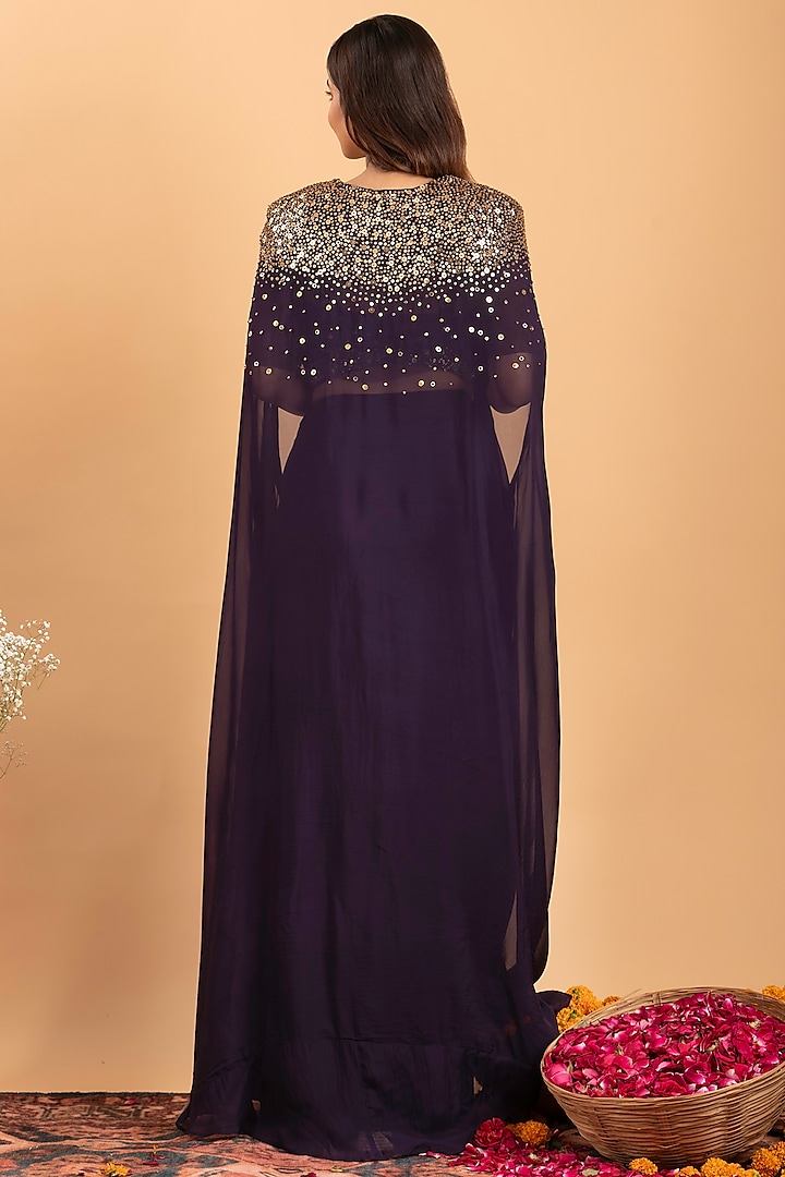Purple Silk & Organza Hand & Machine Embroidered Cape Set by Rirasa at Pernia's Pop Up Shop