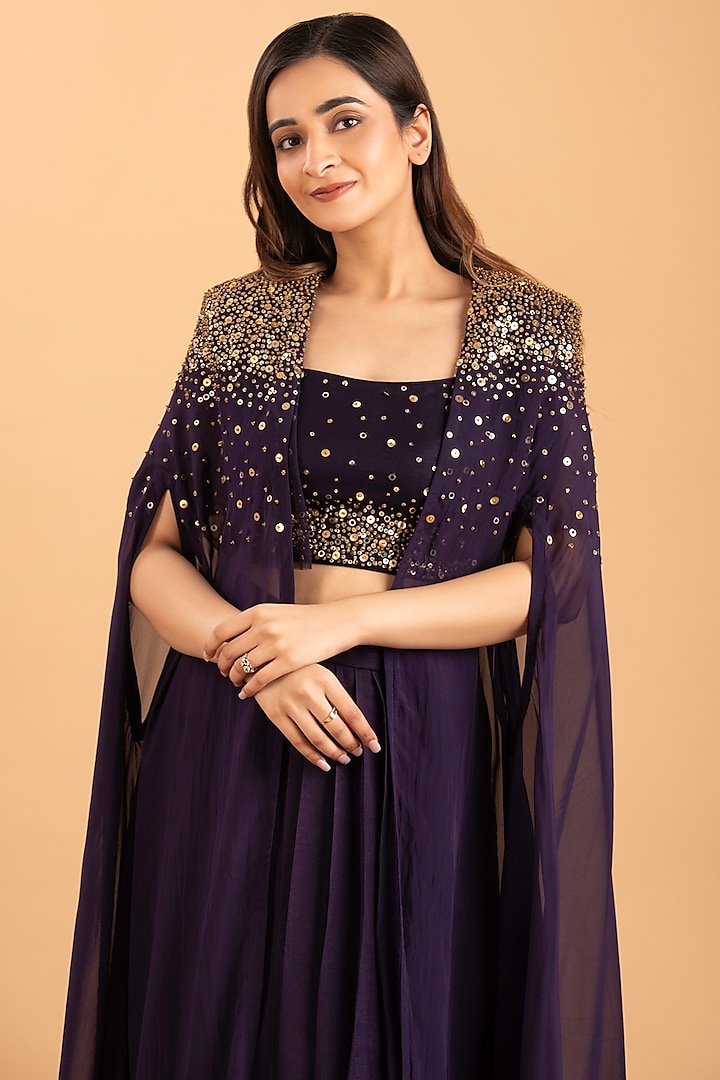 Purple Silk & Organza Hand & Machine Embroidered Cape Set by Rirasa at Pernia's Pop Up Shop