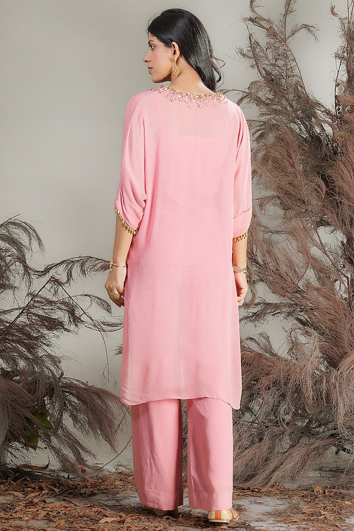 Blush Pink Georgette Hand Embroidered High-Low Kurta Set by Rirasa at Pernia's Pop Up Shop