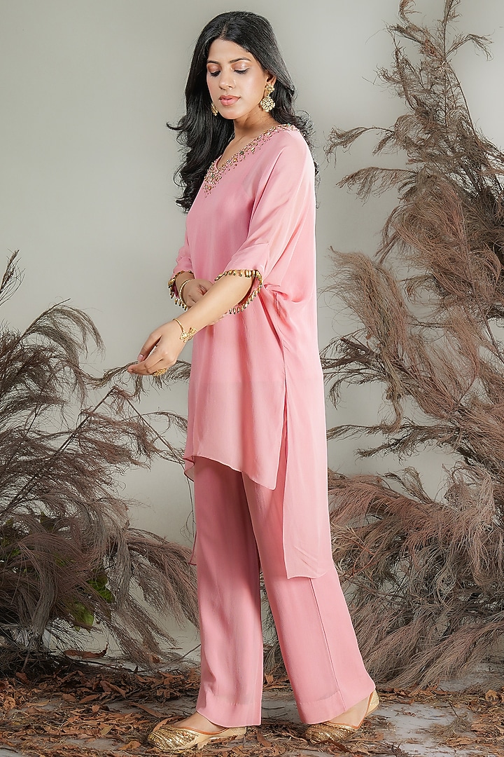 Blush Pink Georgette Hand Embroidered High-Low Kurta Set by Rirasa at Pernia's Pop Up Shop
