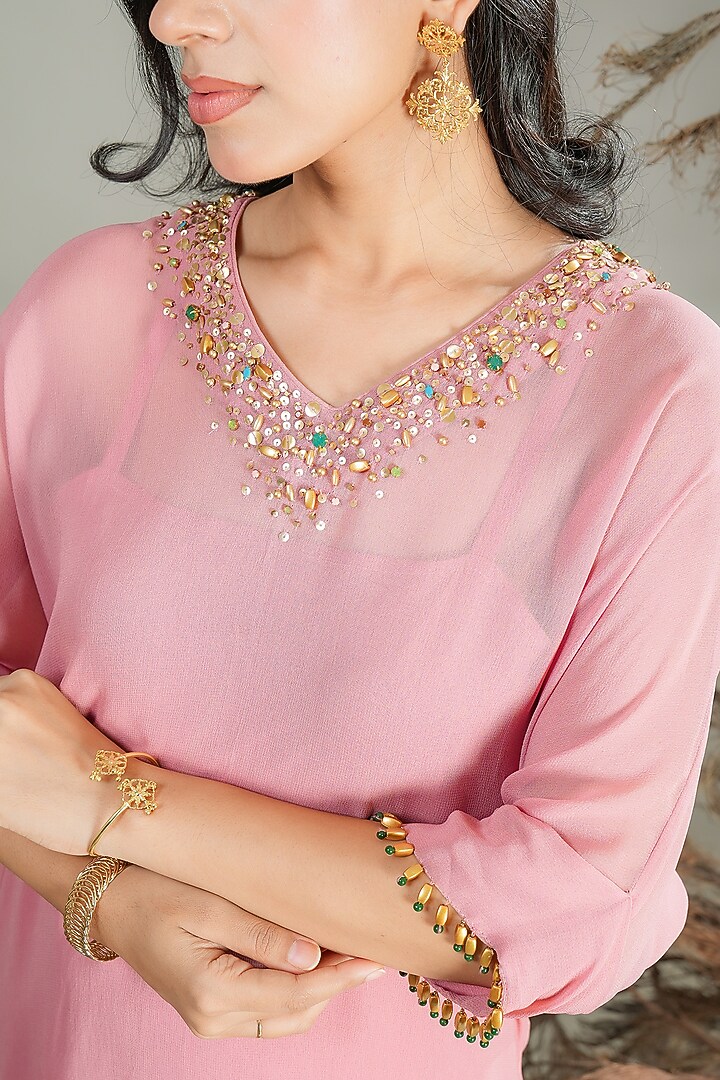 Blush Pink Georgette Hand Embroidered High-Low Kurta Set by Rirasa at Pernia's Pop Up Shop