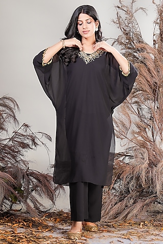 Black Georgette Hand Embroidered Kurta Set by Rirasa