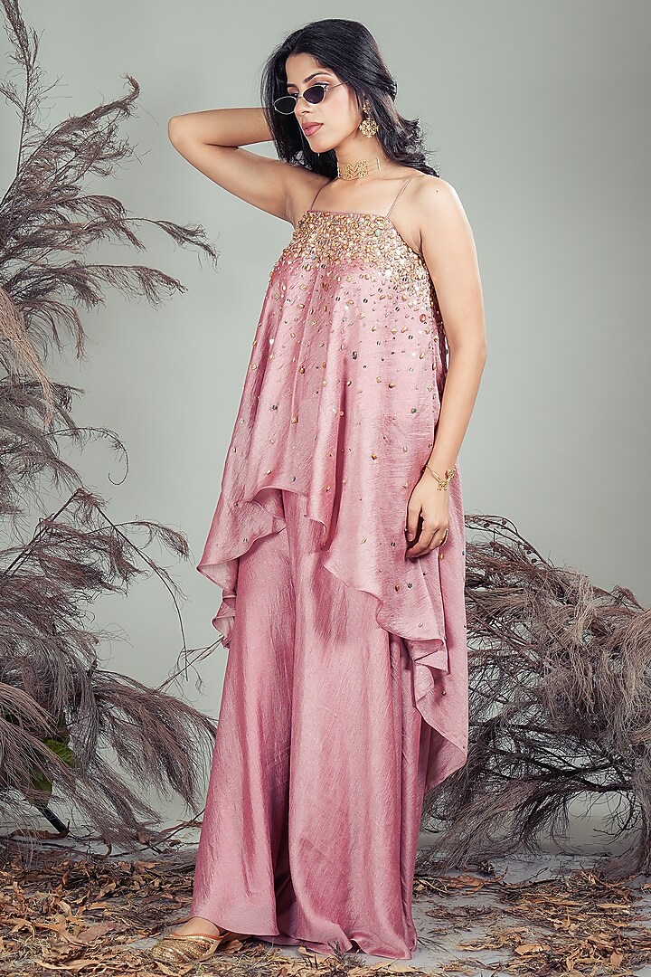 Pink Silk Blend Hand Embroidered Party Wear Sharara Set by Rirasa at Pernia's Pop Up Shop