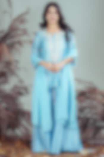 Sky Blue Silk Blend Pearl Embellished Gharara Set by Rirasa at Pernia's Pop Up Shop