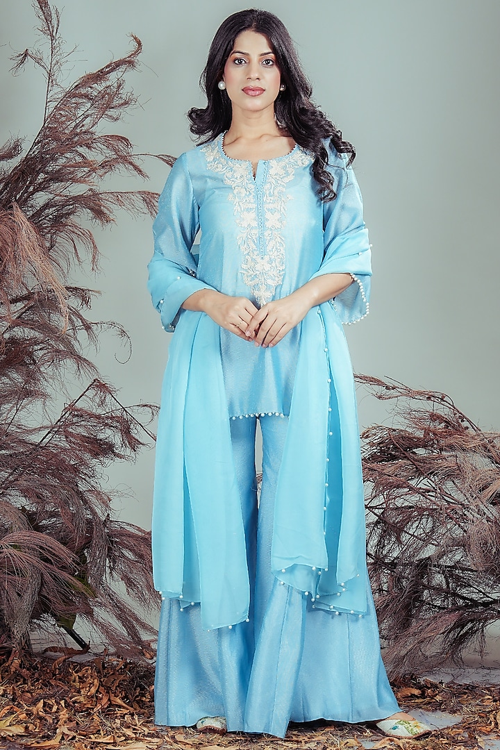 Sky Blue Silk Blend Pearl Embellished Gharara Set by Rirasa at Pernia's Pop Up Shop
