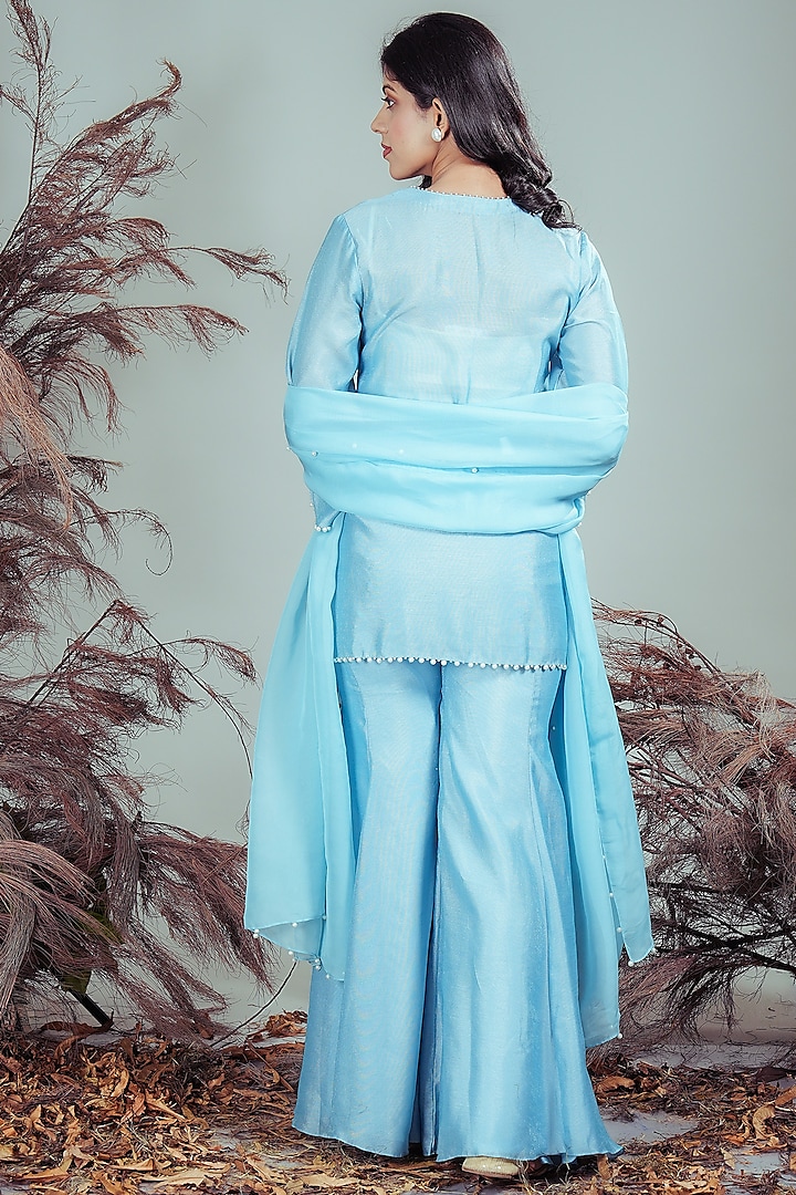 Sky Blue Silk Blend Pearl Embellished Gharara Set by Rirasa at Pernia's Pop Up Shop