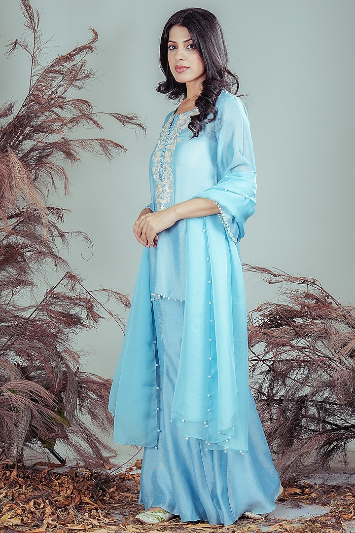 Sky Blue Silk Blend Pearl Embellished Gharara Set by Rirasa at Pernia's Pop Up Shop