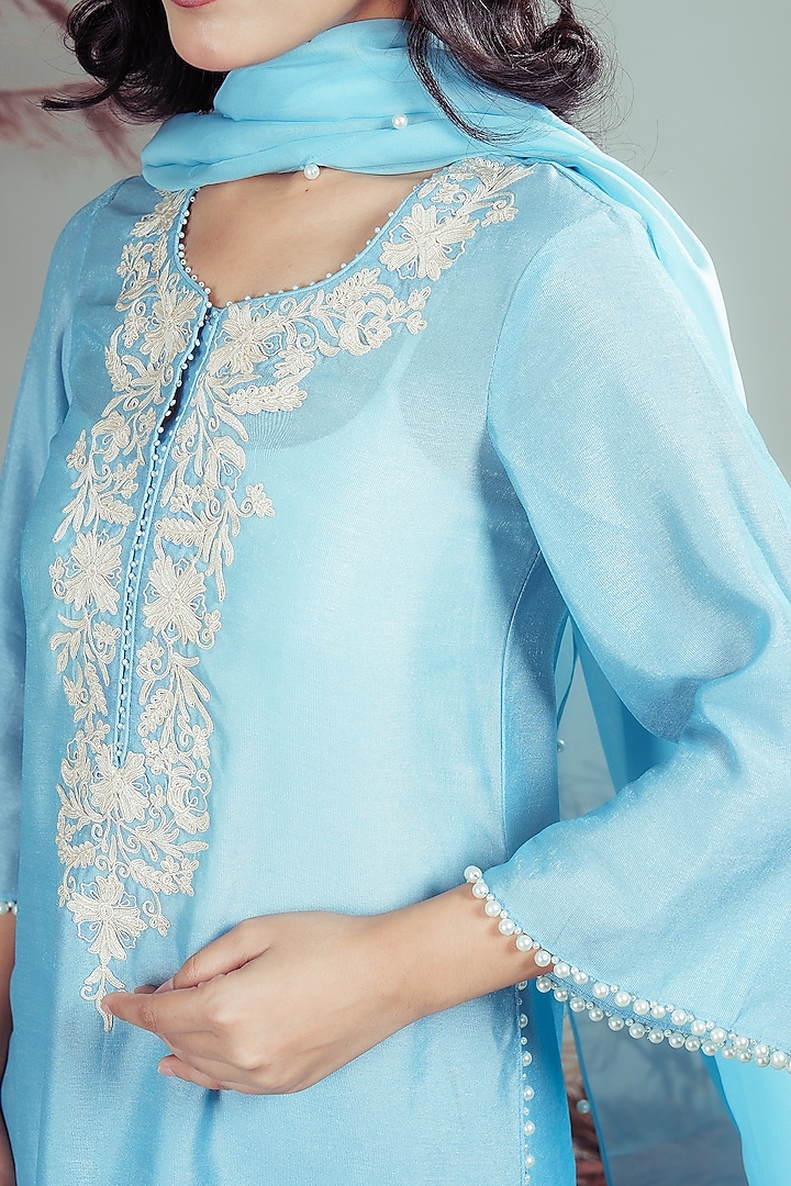 Sky Blue Silk Blend Pearl Embellished Gharara Set by Rirasa at Pernia's Pop Up Shop
