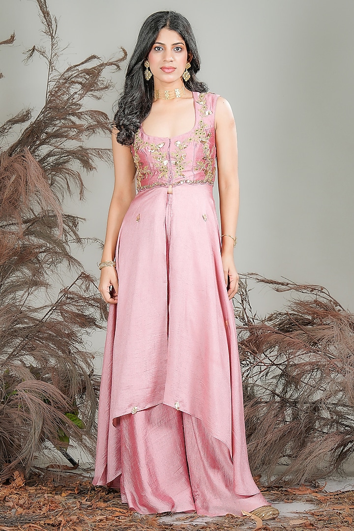 Pink Silk Blend Hand Embroidered Party Wear Sharara Set by Rirasa at Pernia's Pop Up Shop