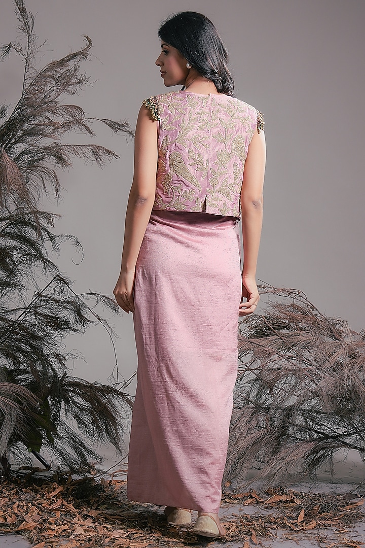 Pink Silk Blend & Tissue Embroidered Jacket Draped Vacation Dress by Rirasa at Pernia's Pop Up Shop