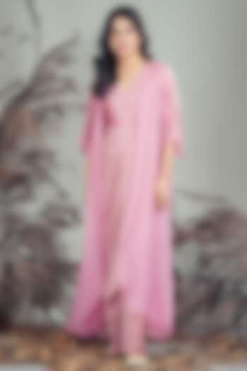 Pink Silk Blend Hand Embroidered Draped Vacation Dress With Cape by Rirasa at Pernia's Pop Up Shop