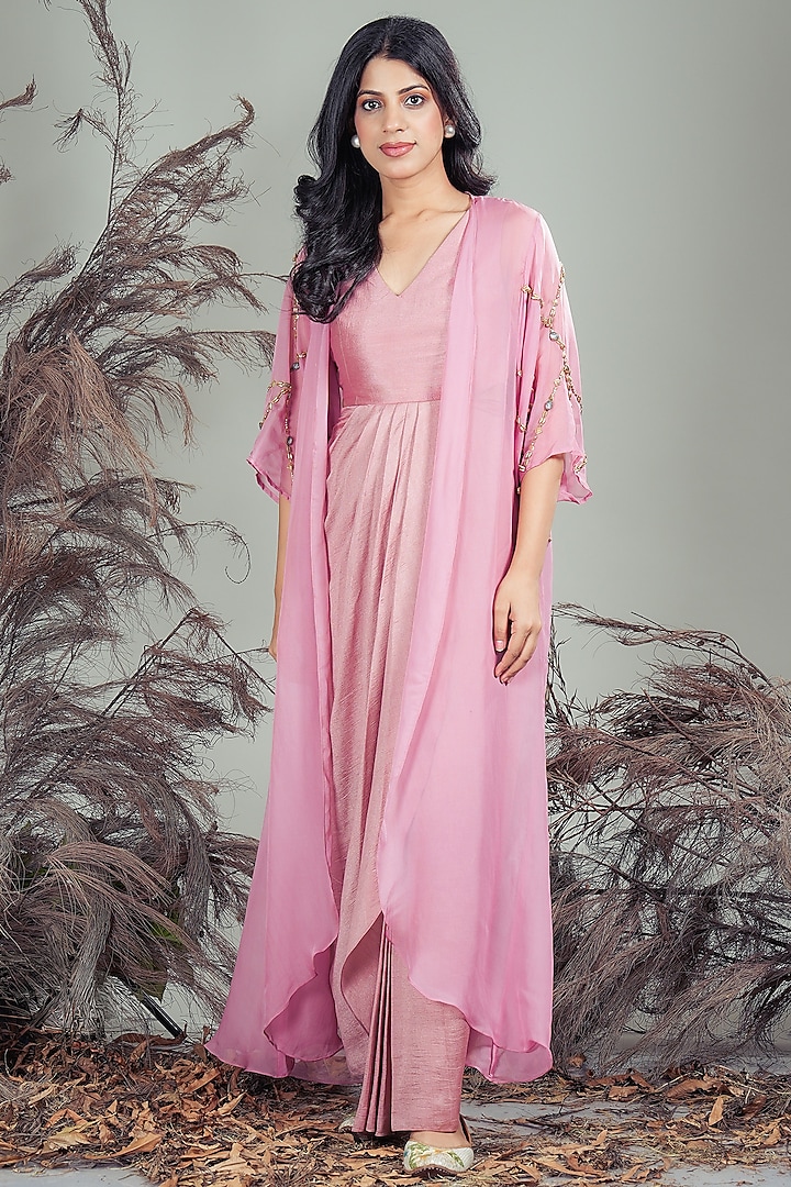 Pink Silk Blend Hand Embroidered Draped Vacation Dress With Cape by Rirasa at Pernia's Pop Up Shop