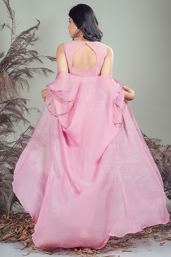 Pink Silk Blend Hand Embroidered Draped Vacation Dress With Cape by Rirasa at Pernia's Pop Up Shop